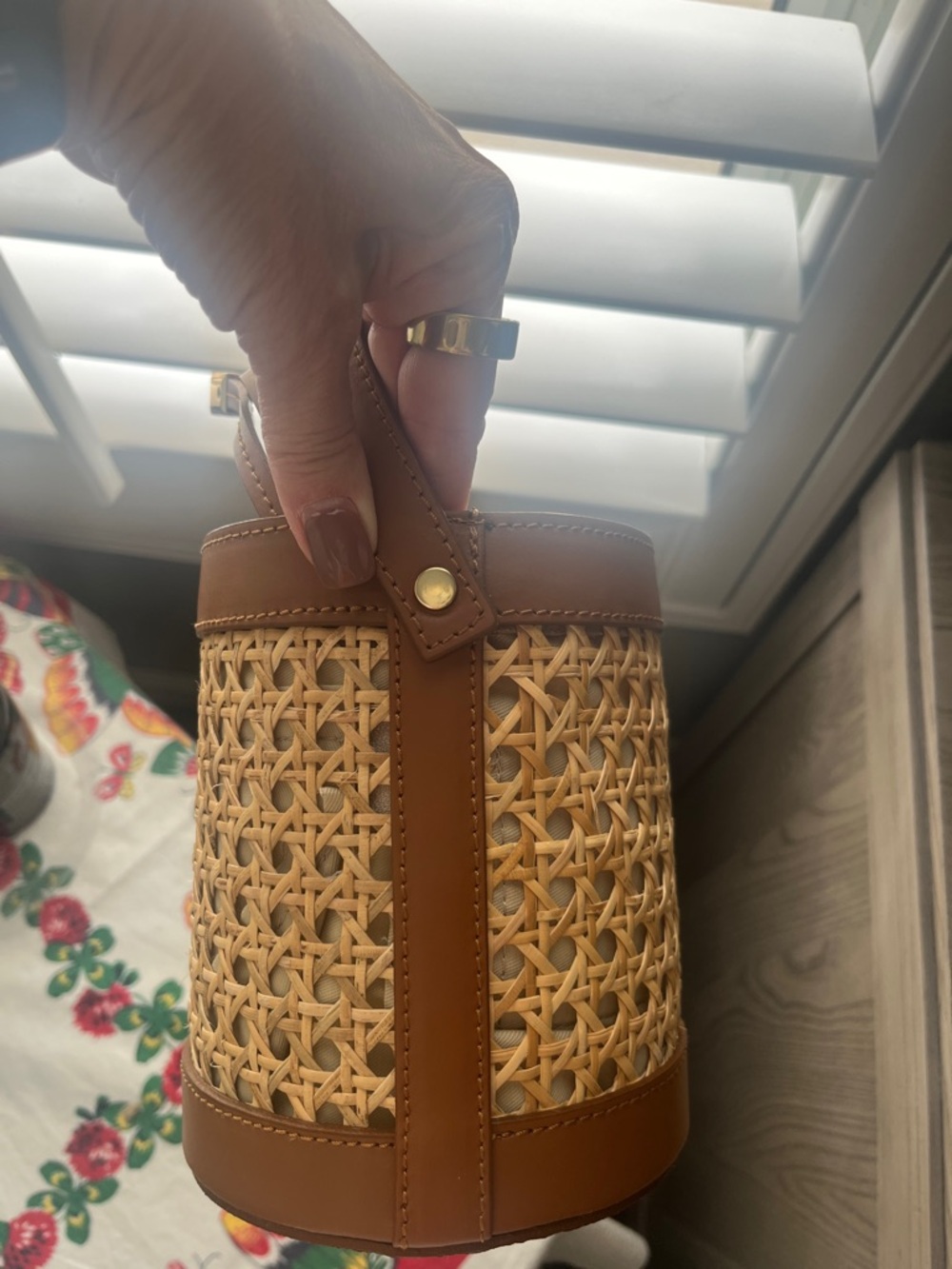 Jijou Chantel Capri Woven Straw Bucket Bag with Brown Leather Trim - Picture 7 of 8
